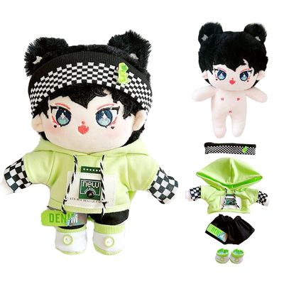 niannyyhouse 20cm Plush Doll Humanoid Stuffed Body Headband Green Hoodie Pants Shoes Kpop Doll Clothes (A-1)