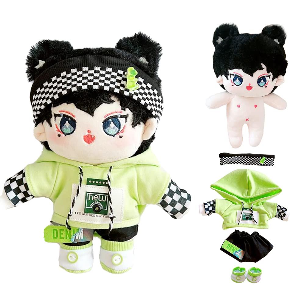 niannyyhouse 20cm Plush Doll Humanoid Stuffed Body Headband Green Hoodie Pants Shoes Kpop Doll Clothes (A-1)
