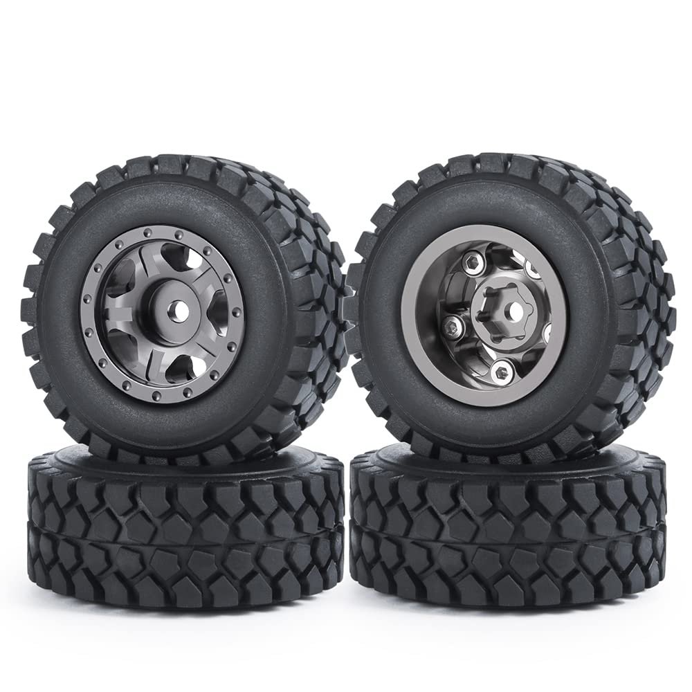 WEFEINO RC Beadlock Wheels and Tires 4Pcs 1.0" Micro Crawler Tires for Axial SCX24 90081 Deadbolt 1/24 RC Crawler Car (Titanium, 50mm)