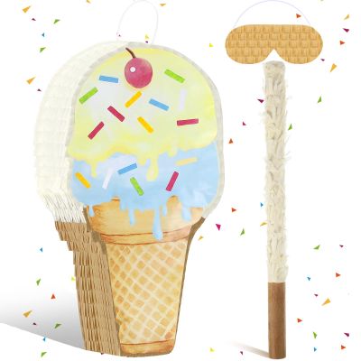 Ice Cream Piata Ice Cream Cone Shaped Piata with Stick Blindfold for Kids Birthday Summer Candy Theme Girls Baby Shower Beach Wedding Party Supplies Decorations, 15.8 x 9.5 Inch(Khaki)