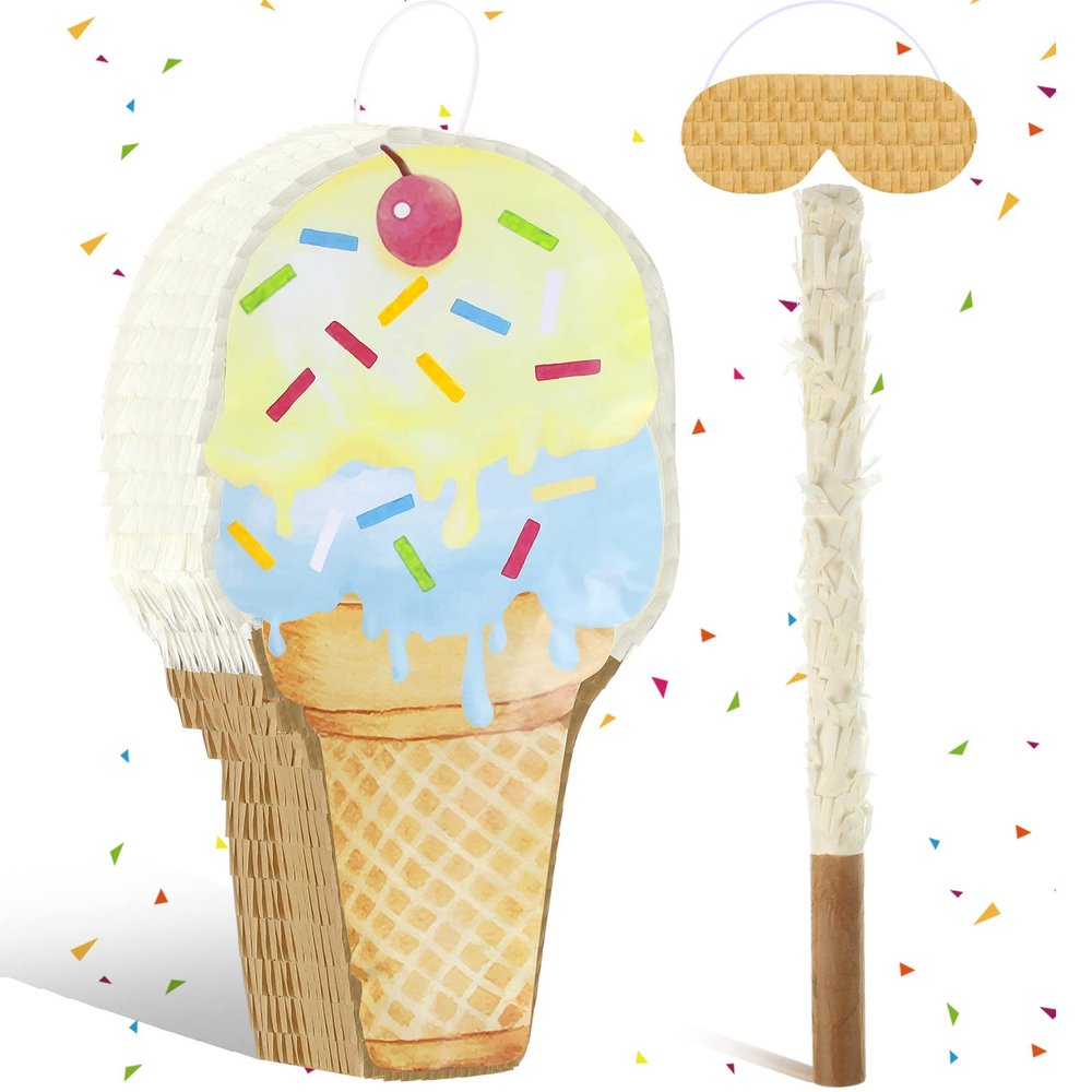 Ice Cream Piata Ice Cream Cone Shaped Piata with Stick Blindfold for Kids Birthday Summer Candy Theme Girls Baby Shower Beach Wedding Party Supplies Decorations, 15.8 x 9.5 Inch(Khaki)