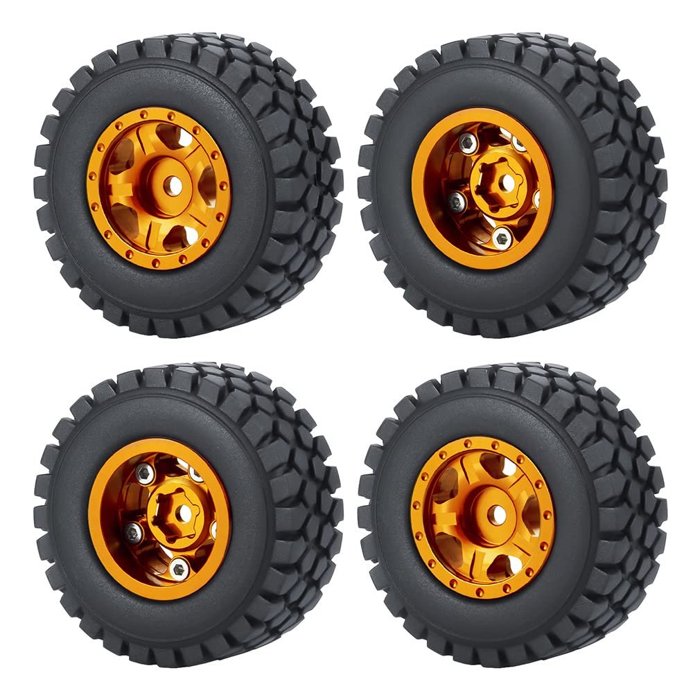 WEFEINO RC Beadlock Wheels and Tires 4Pcs 1.0" Micro Crawler Tires for Axial SCX24 90081 Deadbolt 1/24 RC Crawler Car (Orange, 50mm)