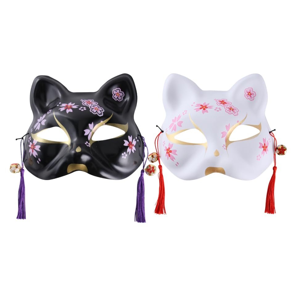 Didiseaon 2pcs Kitsune Fox Masks: Plastic Hand Painted Half Face Cosplay Masks Cat Animal Facemasks Japanese Party Assecories For Halloween Masquerade Drama Costume