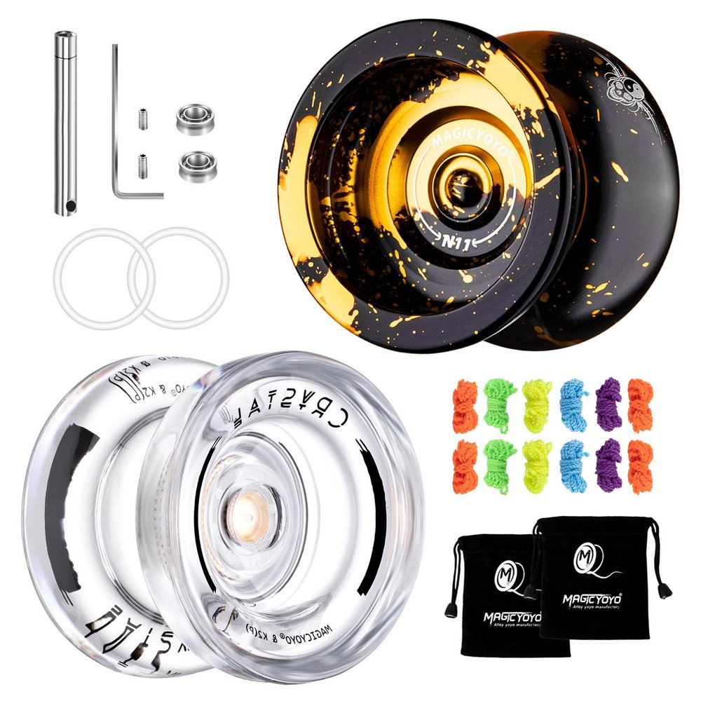 MAGICYOYO Responsive Yoyo Pack of 2 - N11 Black Golden Yoyo and K2 Crystal Fingerspin Yo Yo for Kids Beginners, Dual Purpose Yo Yyos with Unresponsive Bearings Kit, 2 Yo-yo Bags, 12 Yo-yo Strings