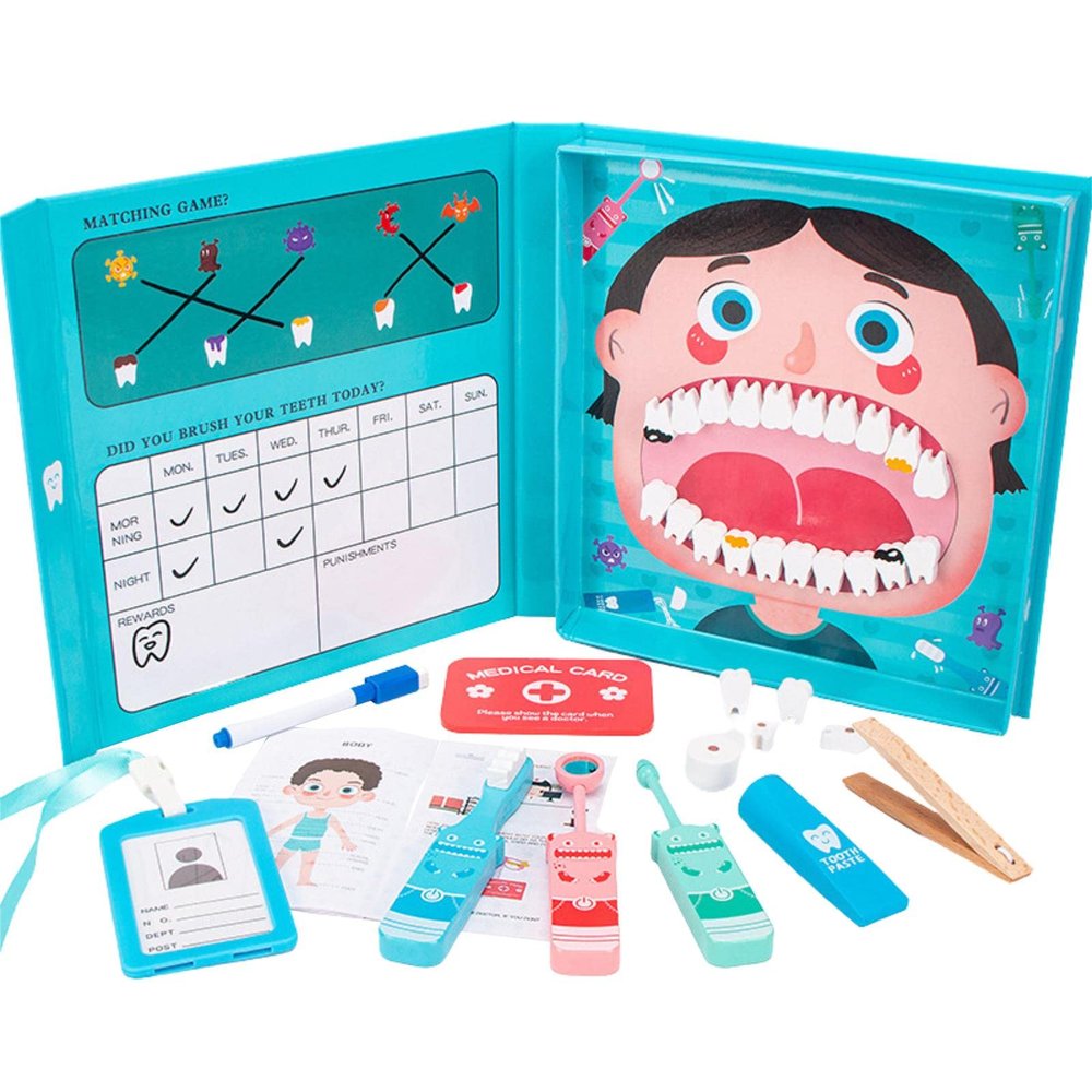 Littryee Wooden Dentistry Toy for Kids, Pretend Toy Dentist Doctor Playsewith Magnetic Tooth, Kid Doctor Set Kits with Teeth Model, Dentist Role Educational Learning Toys