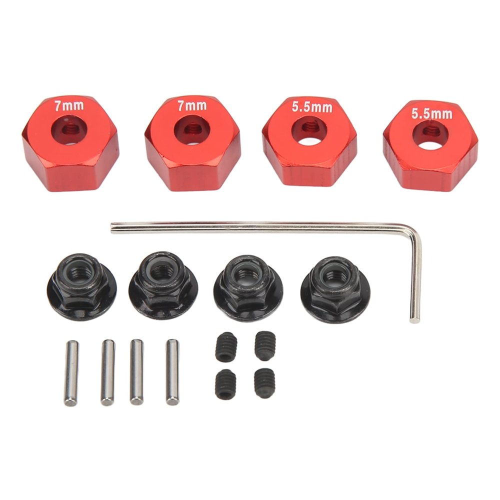 plplaaoo RC Wheel Hub, 4Pcs Aluminium Alloy 12mm Diameter, 12mm RC Wheel Hex, 5.5mm 7mm Thickness Accessory Set Kit for Traxxas 1/10 Slash 4x4 Rustler Stampede Slash 2WD (Red)