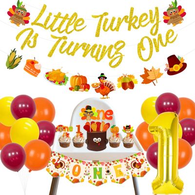 Thanksgiving 1st Birthday Party Decorations Little Turkey is Turning One Banner Fall Theme Garland Balloons One Cake Topper High Chair Banner Set for Boys or Girls Autumn First Birthday Party Supplies