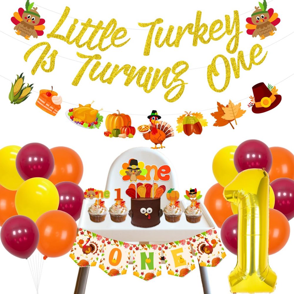 Thanksgiving 1st Birthday Party Decorations Little Turkey is Turning One Banner Fall Theme Garland Balloons One Cake Topper High Chair Banner Set for Boys or Girls Autumn First Birthday Party Supplies