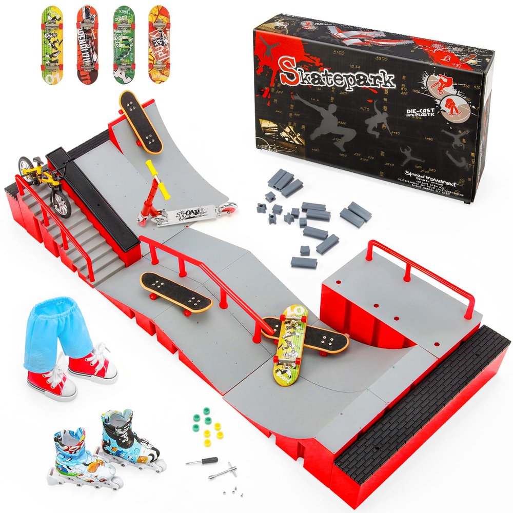Hamino 14 in 1 Fingerboard Skate Park Ramp Kit, Finger Skateboards Toys with Scooter Bike Skate Canvas Shoes Finger Shorts, Mini Fingerskateboards Training Props Interactive Skate Game for Kids Adults