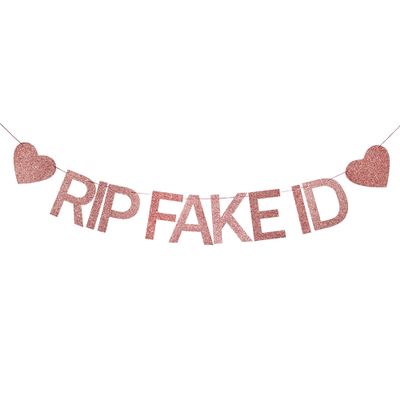 21st Birthday Decorations for Her, Pre-Strung RIP FAKE ID Banner -Rose Gold Glitter, Happy 21 Year Old Party Birthday Sign gifts