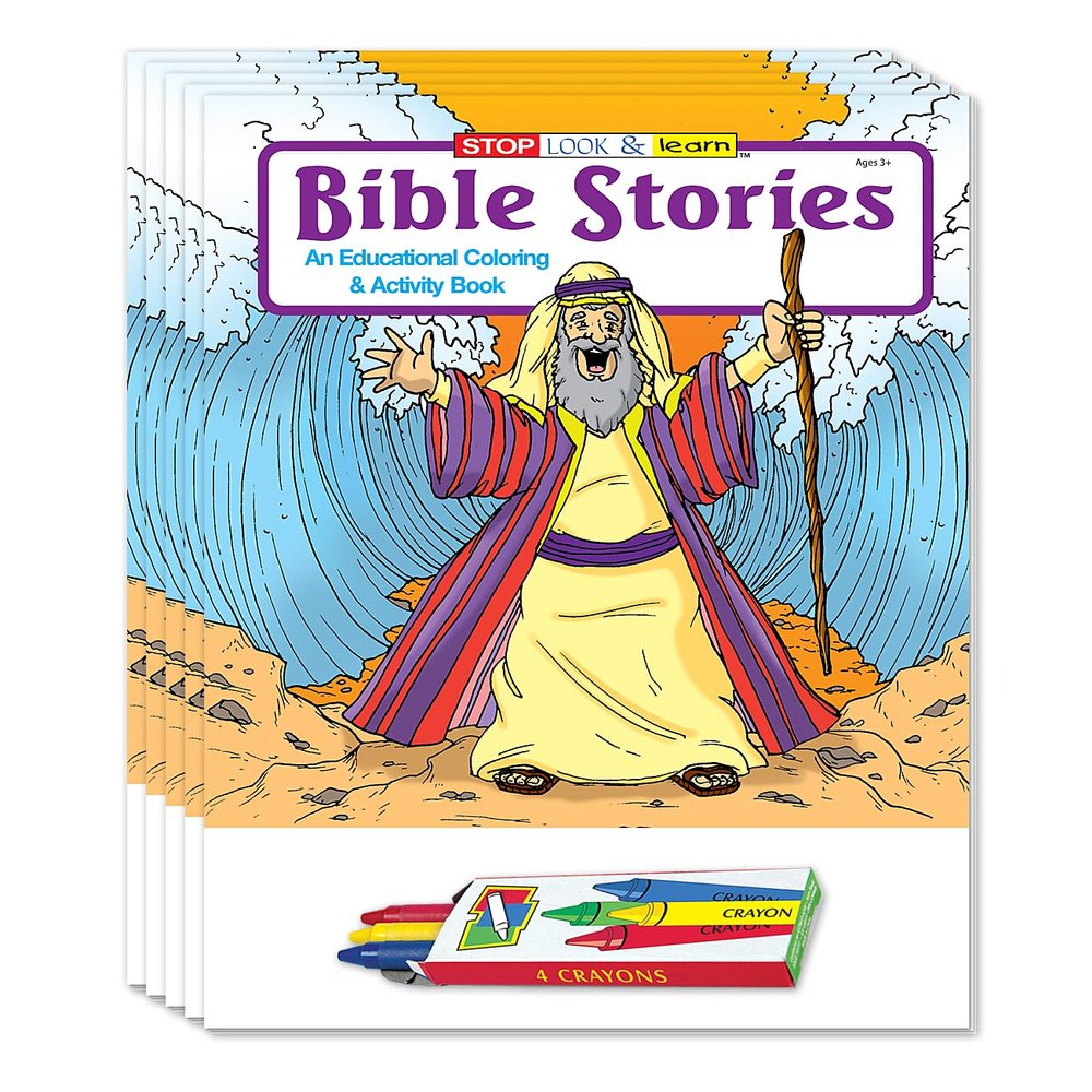 ZOCO  Bible Stories Coloring Books for Kids (50 Bulk Pack, with Crayons)  Christian Activity Books for Sunday School, VBS, CCD, Church Events, Religious Gifts