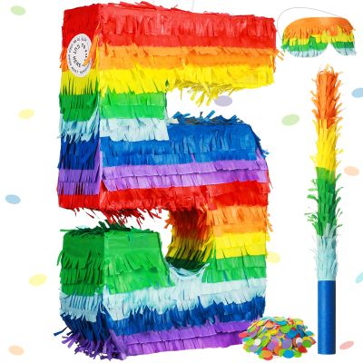 Sratte Rainbow Number Piata Multicolor Piata Small Birthday Party with Blindfold Stick and Confetti for Birthday Anniversary Cinco De Mayo Fiesta Party Decor(Number 5)