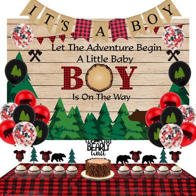 Lumberjack Buffalo Plaid Baby Shower Decorations for Boy - Customized Backdrop, It's a Boy Banner, Tablecloth and Cake Topper for Buffalo Plaid Theme