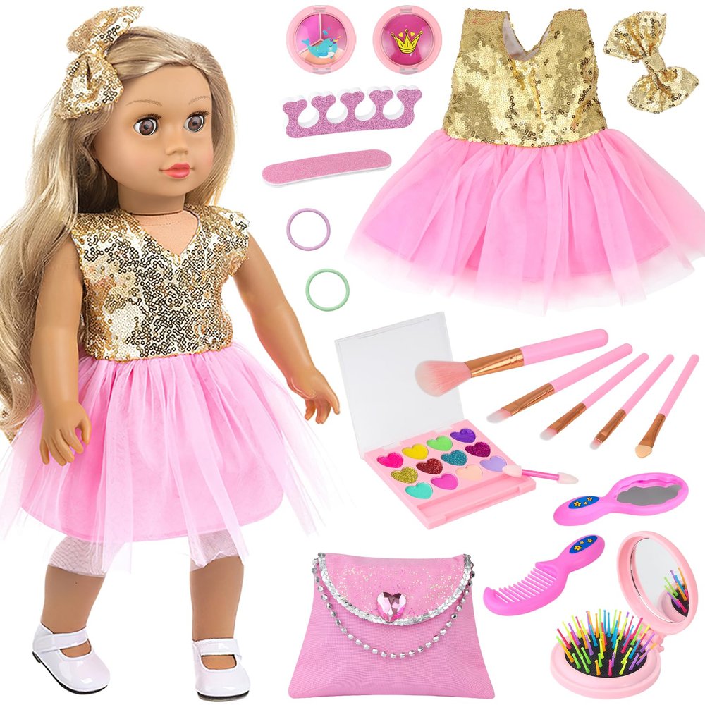Ecore Fun 19-Piece 18 Inch Doll Clothes & Makeup Set with Dress Cosmetic Bag Brushes Eye Shadow Blushers Hairclip Hair-Ties Combs Mirror Nail File Accessories, Gift for Ages 3+