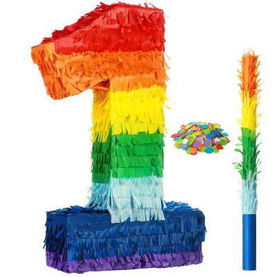 Sratte Rainbow Number Piata Multicolor Piata Small Birthday Party with Blindfold Stick and Confetti for Birthday Anniversary Cinco De Mayo Fiesta Party Decor(Number 1)