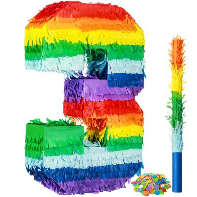 Sratte Rainbow Number Piata Multicolor Piata Small Birthday Party with Blindfold Stick and Confetti for Birthday Anniversary Cinco De Mayo Fiesta Party Decor(Number 3)