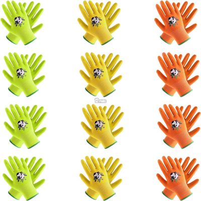 HANDLANDY Kids Gardening Gloves Bulk,Pack of 12 Pairs for Age 2-13, Latex Free Gloves-Size 3(age5-6),Green&Orange&Yellow