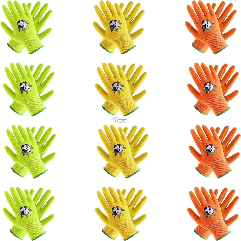HANDLANDY Kids Gardening Gloves Bulk,Pack of 12 Pairs for Age 2-13, Latex Free Gloves-Size 6(age11-13),Green&Orange&Yellow