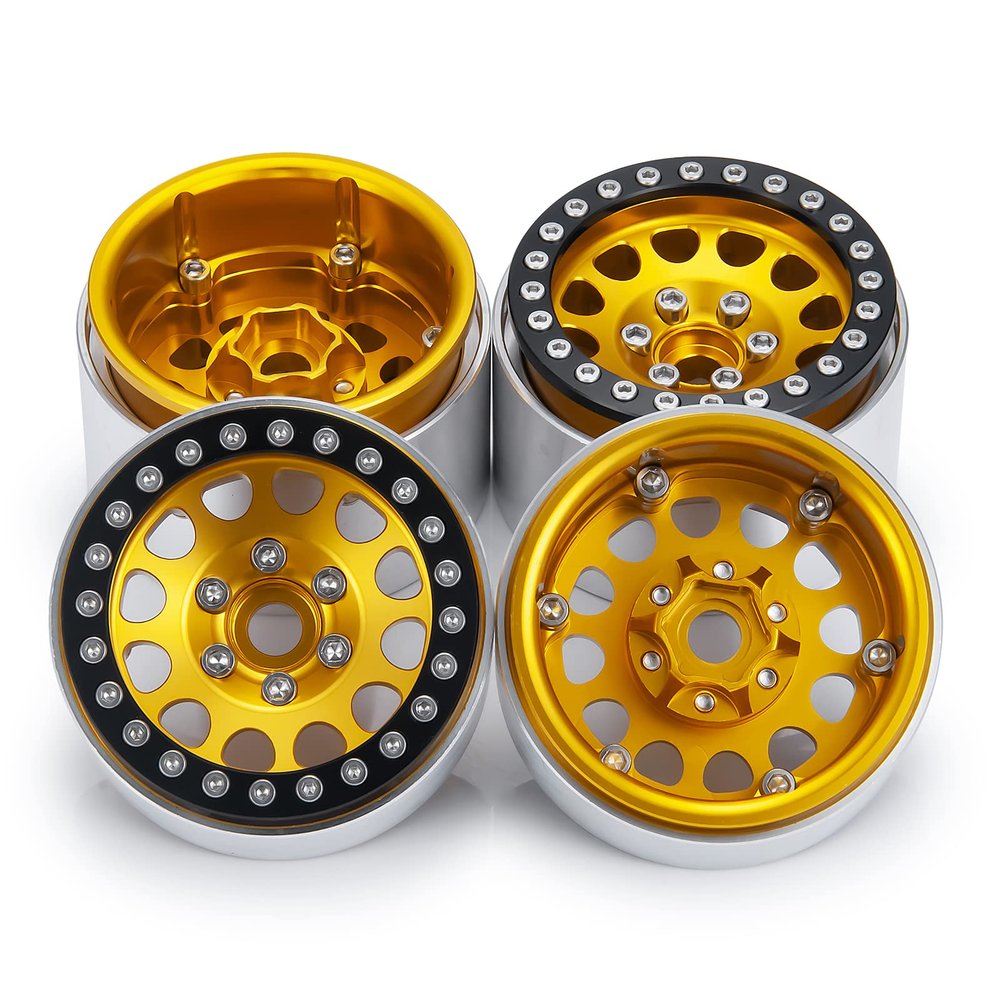 35mm Width RC 1.9" Beadlock Wheel Rims, 4pcs Metal Wheel Hubs for 1/10 Axial Scx10 SCX10 II Scx10 III D90 D110 TRX-4 (Gold & Black)