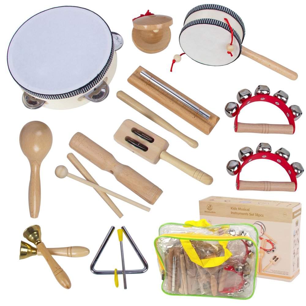 Wooden Musical Instruments Set for Toddlers 1-3, Natural Wood Percussion Instruments Xylophone Gift Set for Girls Boys Kids ,Preschool Educational Musical Toys with Storage Bag (Log Color)