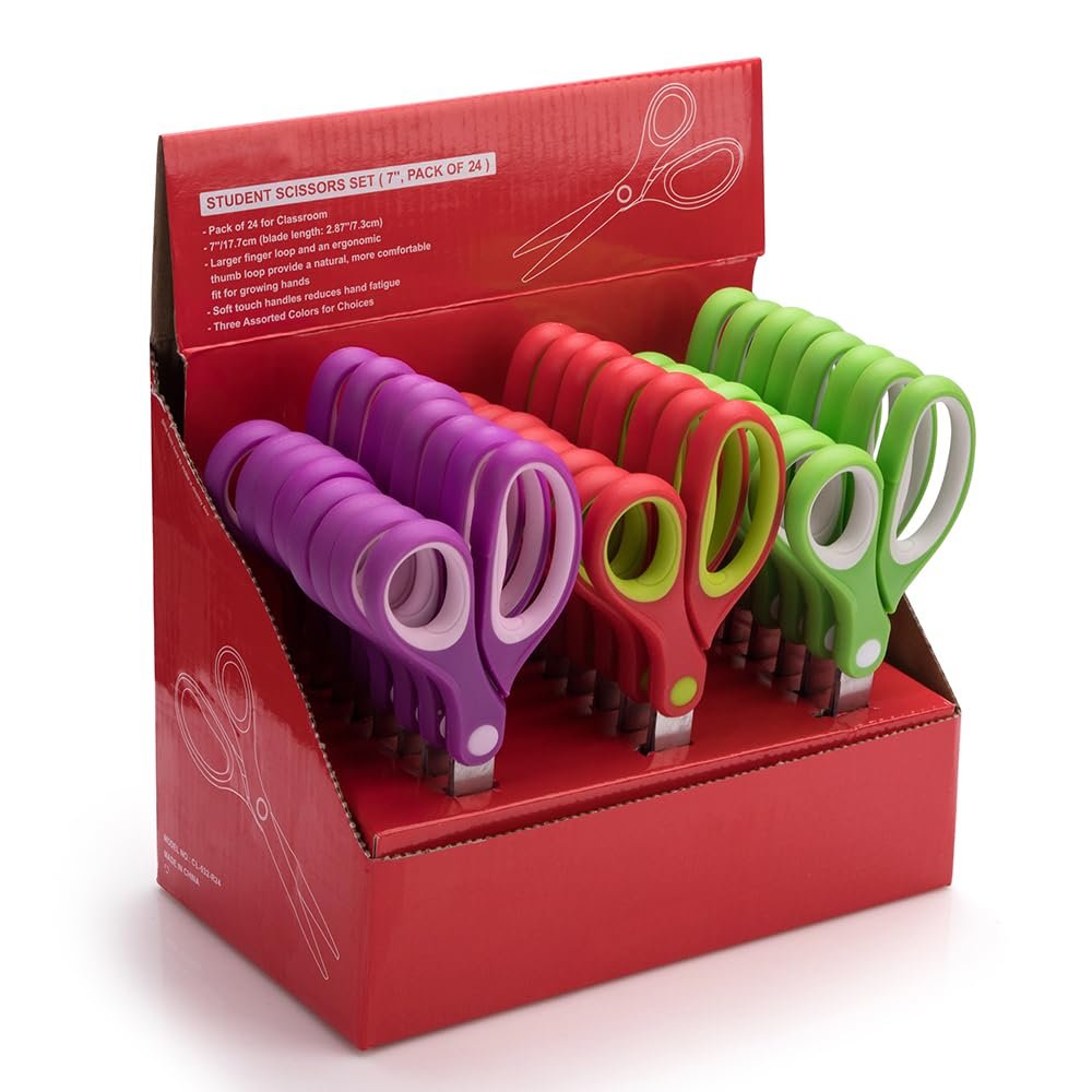 Kalatic Students Scissors (24 Pairs Teacher Pack, Rounded-tip, 7- Inch) - 7 Soft Touch Blunt Kids School Student Scissors Shears KT-009-R24-A (Pack of 24)
