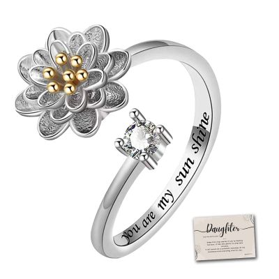 To My Daughter - Fidget Ring for Anxiety, Anxiety Ring for Women, S925 Sterling Spinner Rings for Anxiety Adjustable, Ring with Beads Spinner Ring Adjustable Open Ring with Box