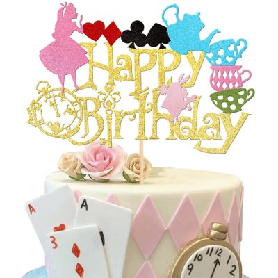 1 PCS Magic Alice Glitter Magical Poker Bunny Bowl Clock Fairy Happy Birthday Cake Pick for Baby Shower Kids Girls Birthday Tea Party Cake Decorations