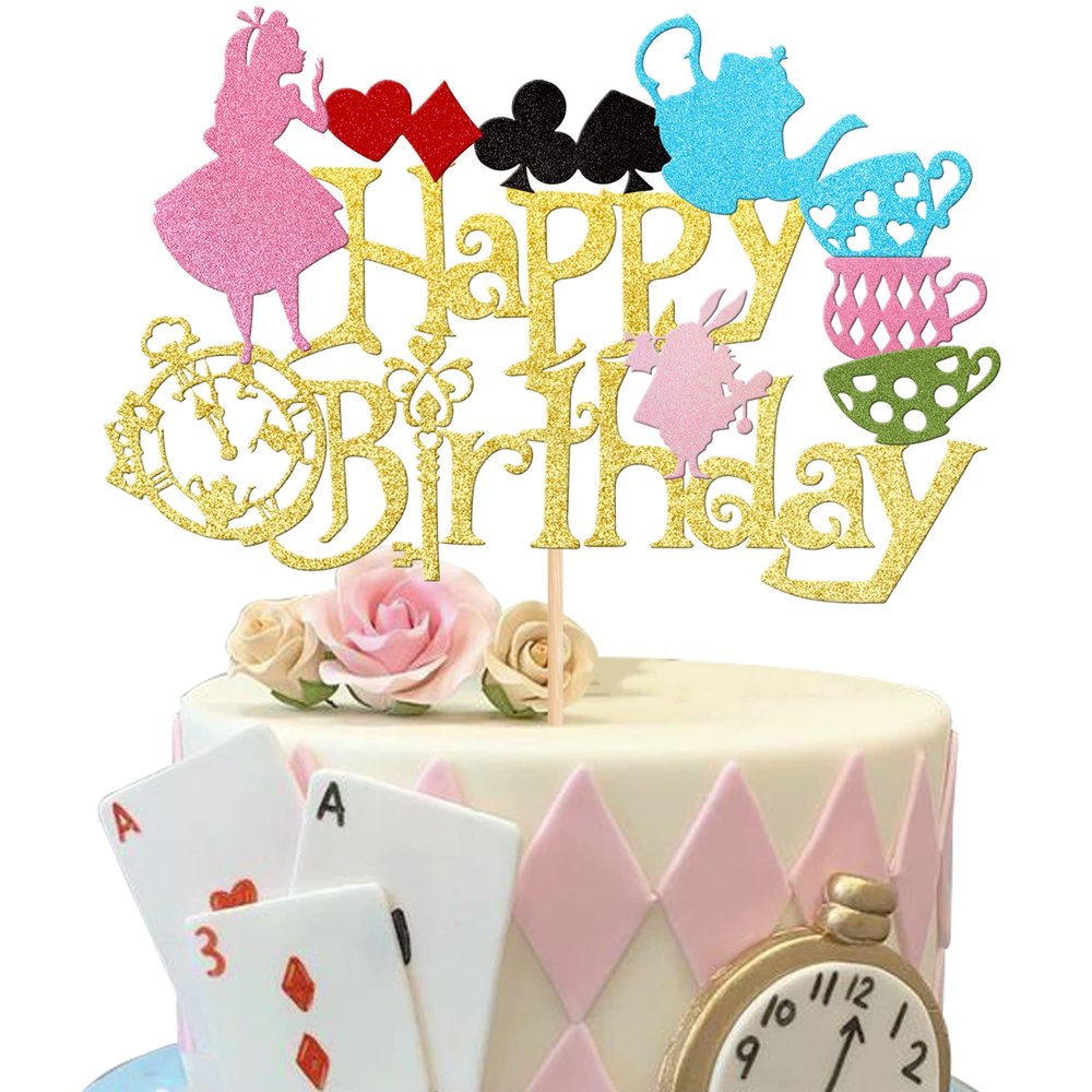 1 PCS Magic Alice Glitter Magical Poker Bunny Bowl Clock Fairy Happy Birthday Cake Pick for Baby Shower Kids Girls Birthday Tea Party Cake Decorations