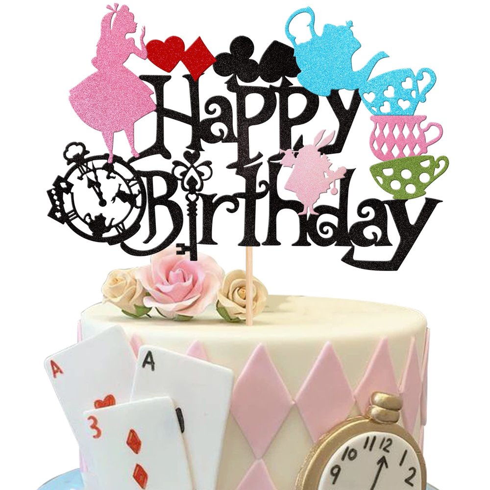 1 PCS Alice Happy Birthday Cake Topper Glitter Magical Poker Bunny Bowl Clock Fairy Eat Me Cake Pick Decorations for Magic Alice Theme Tea Party Baby Shower Kids Birthday Party Supplies