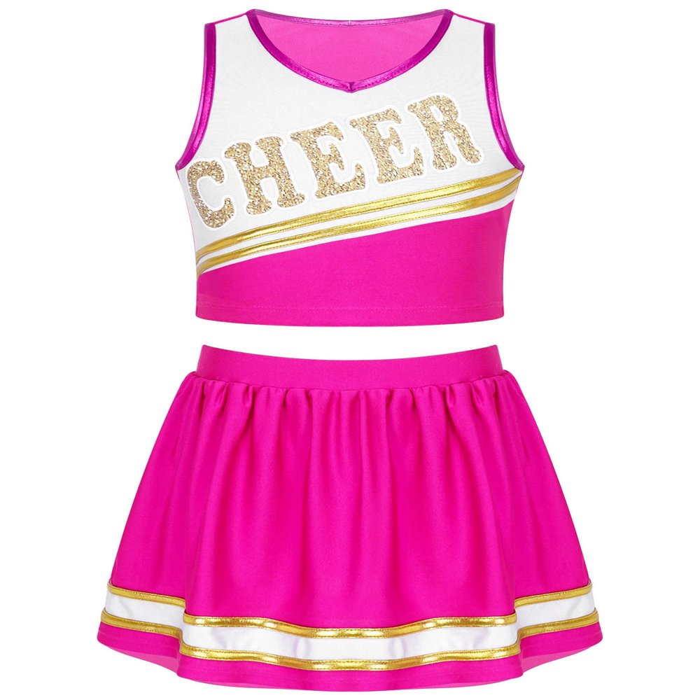 Aislor Kids Girls Cheerleading School Uniform Cheer Leader Cosplay Halloween Costume Crop Top with Pleated Skirt Hot Pink 14 Years