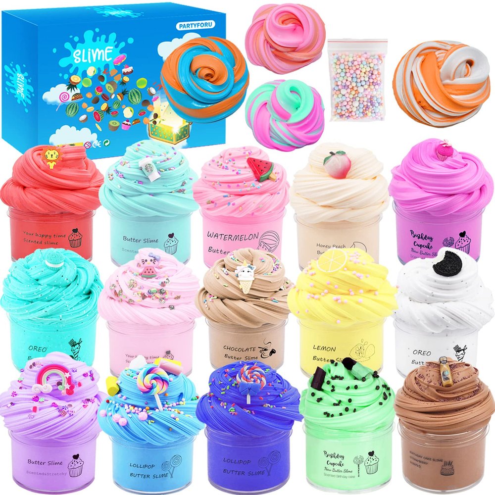 15Pack Butter Slime Kit with Scented DIY Slime for Girls and Boys, Super Soft, Non-Sticky Stress Relief Toy, Party Favors and Birthday Gift