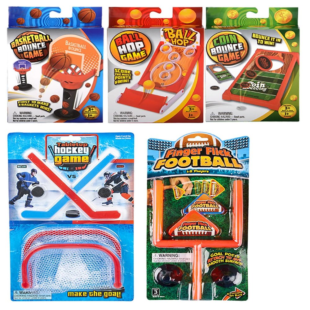 Set of 5 Mini Tabletop Games - Football, Basketball, Hockey, Ball Hop, Coin Hole - Toy Shooting Hoops - Fun Classic Arcade Toy