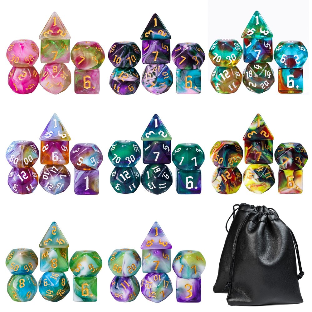 KSNDie 8 Sets Polyhedral Dice Set D&D, 56pcs DND Dice Set with 2 Large Leather Bag for RPG Table Games