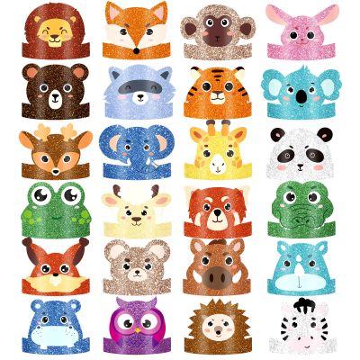 Gersoniel 24 Pcs Animal Birthday Party Hats Animal Headbands Jungle Safari Animal Paper Party Crown for Girls Kids (Assorted Animals)