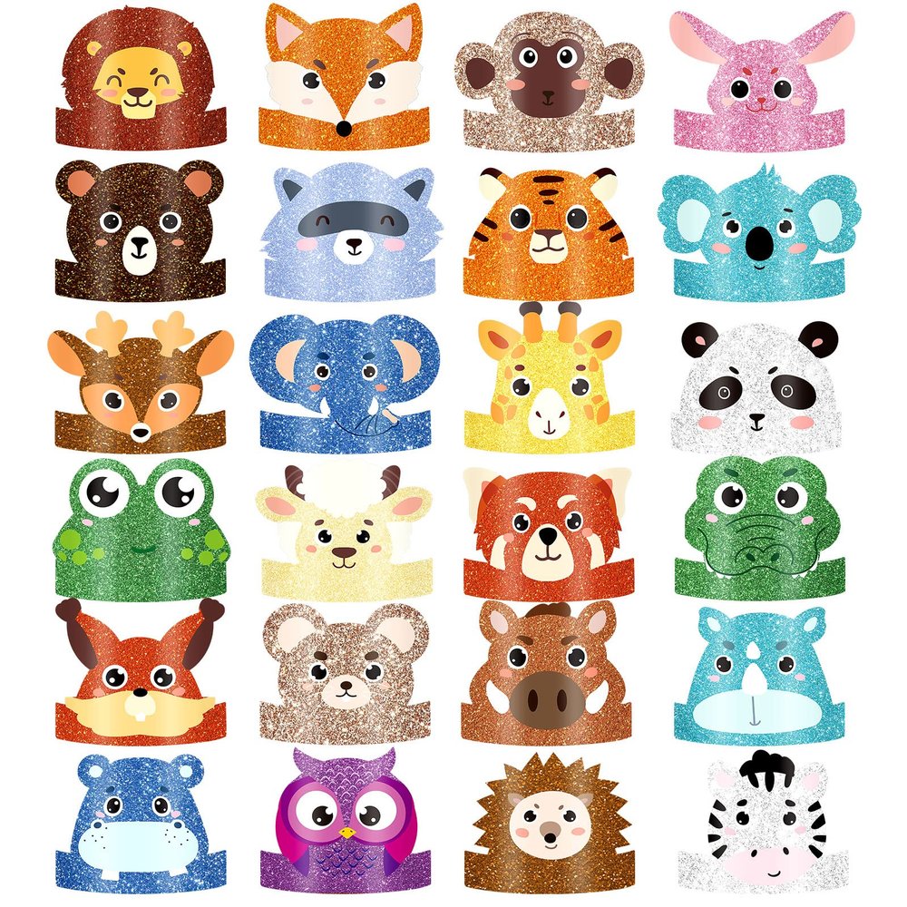 Gersoniel 24 Pcs Animal Birthday Party Hats Animal Headbands Jungle Safari Animal Paper Party Crown for Girls Kids (Assorted Animals)