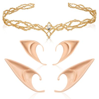 FRESHME Fairy Ears with Elf Crown Set 2 Pairs Soft Elf Ears with Gold Fairy Crown Set Pixie Headband Headpiece Kit Cosplay Costume Makeup for Christmas Renaissance Halloween Custome Dress Up