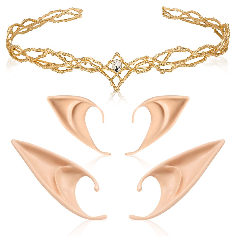 FRESHME Fairy Ears with Elf Crown Set 2 Pairs Soft Elf Ears with Gold Fairy Crown Set Pixie Headband Headpiece Kit Cosplay Costume Makeup for Christmas Renaissance Halloween Custome Dress Up