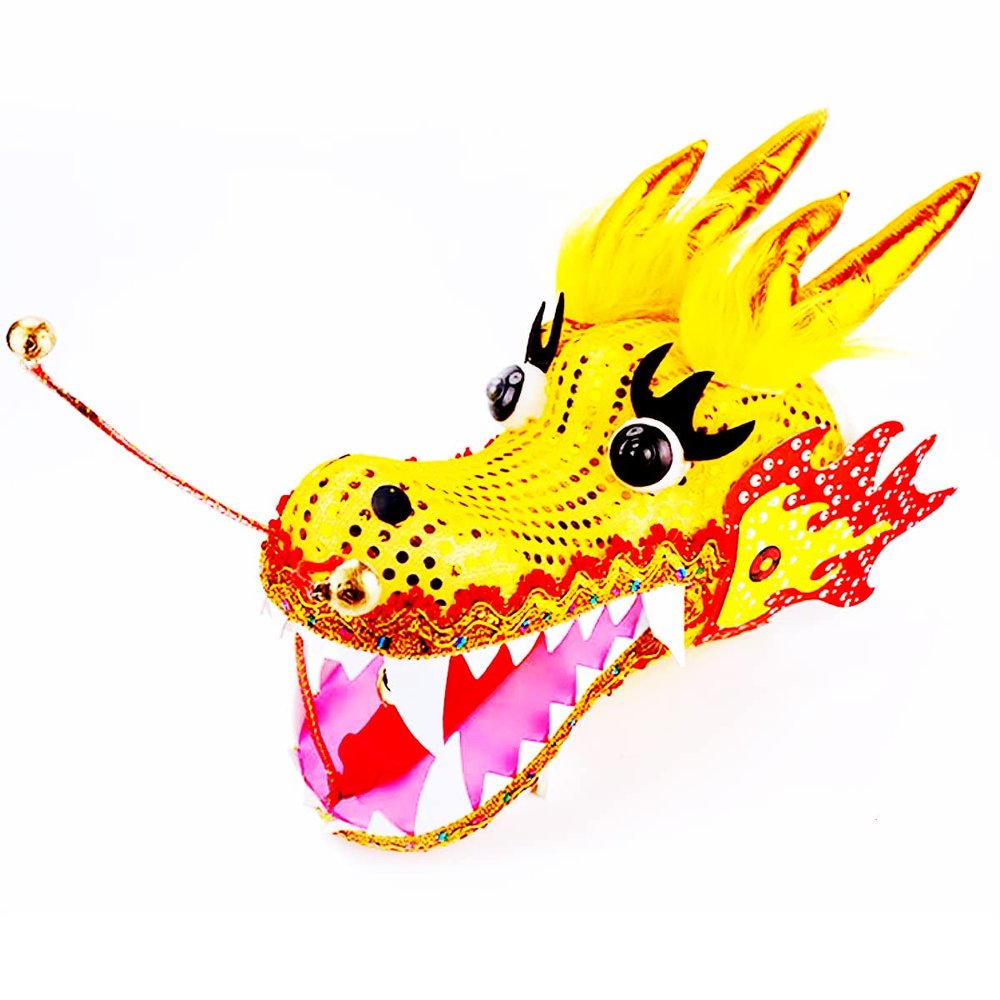 3D Dragon Head for Dragon Poi Combo Accessories, Real-Like Hollow Plastic Dragon Head with 1.1 Meters Swing Rope Fitness Dragon Senior String Dragon Dance Wulong Fling Rope Set (Large, Yellow)