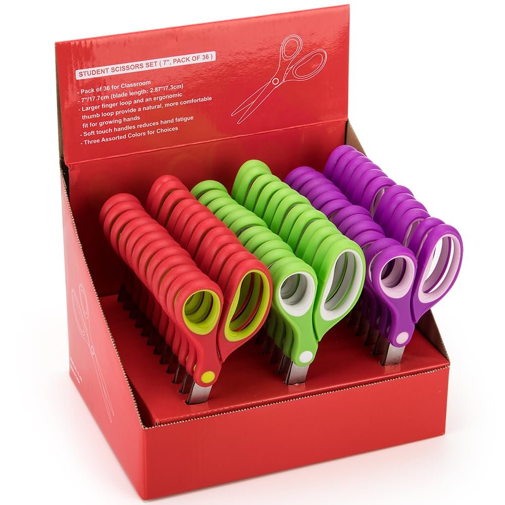 Potamish Students Scissors (36 Pairs Teacher Pack, Rounded-tip, 7- Inch) - 7 Soft Touch Blunt Kids School Student Scissors Shears PM-009-R36-A (Pack of 36)