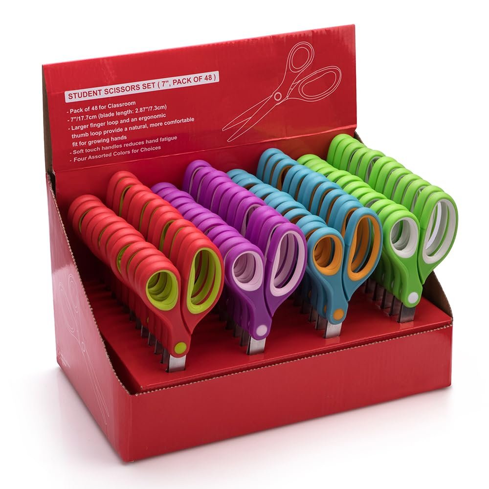 Potamish Students Scissors (48 Pairs Teacher Pack, Rounded-tip, 7- Inch) - 7 Soft Touch Blunt Kids School Student Scissors Shears PM-009-R48-A (Pack of 48)