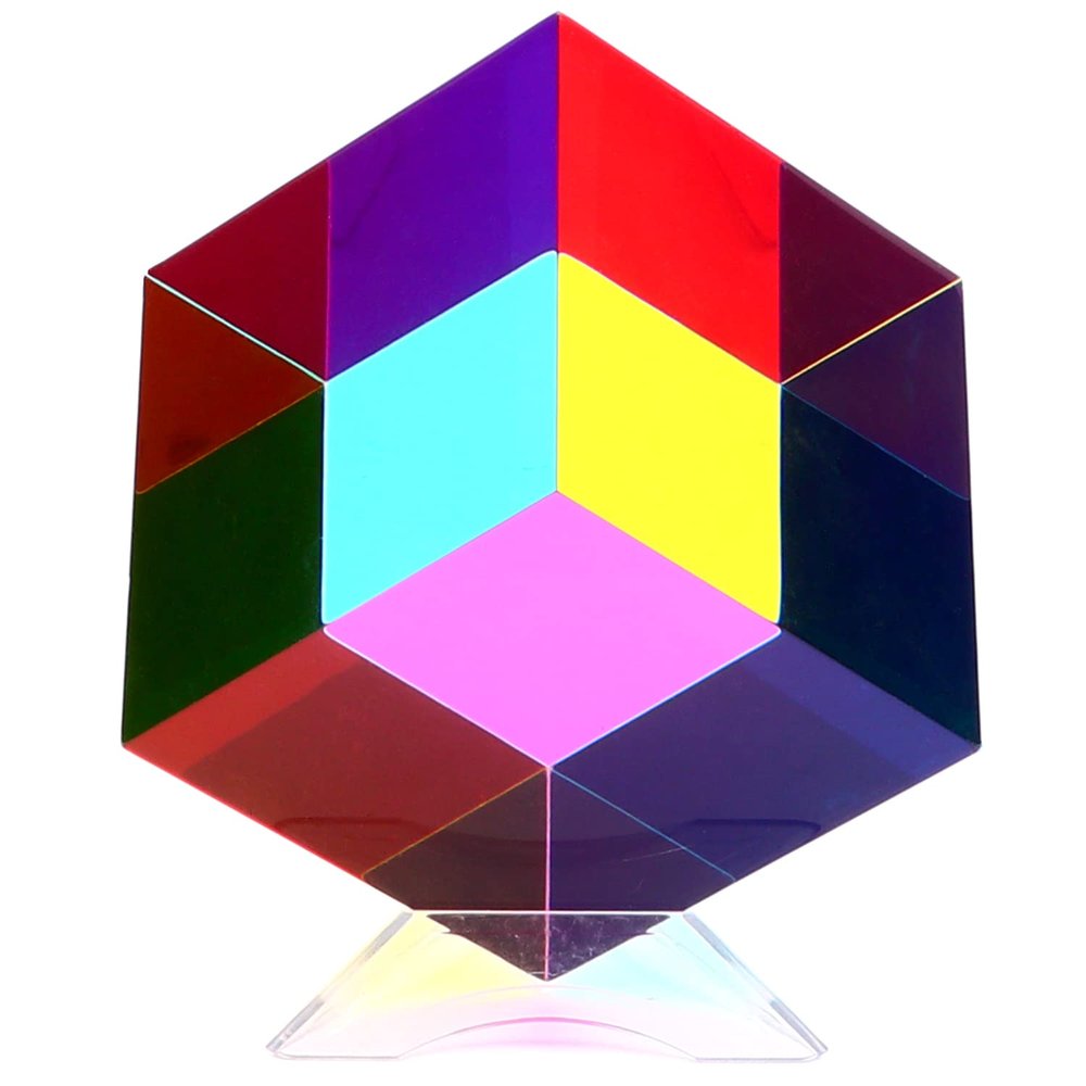 iKeelo Color Cube (70mm) with Stand - Cyan, Magenta & Yellow Subtractive Color Mixing - Mesmerizing Acrylic Prism for Desk Decor, A Fun Conversation Starter