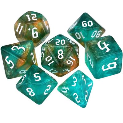 7-Die Two-Tone Dice Set Carved Pattern Dice Set Toy Gift Acrylic Polyhedral Dice Iridescent Glitter Polyhedral(Aqua + Gold)