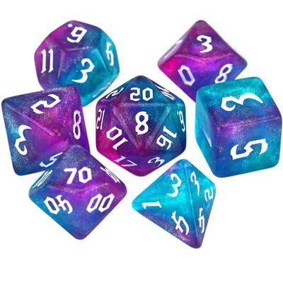 7-Die Two-Tone Dice Set Carved Pattern Dice Set Toy Gift Acrylic Polyhedral Dice Iridescent Glitter Polyhedral(Aqua+Purple)