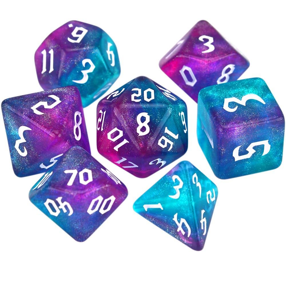 7-Die Two-Tone Dice Set Carved Pattern Dice Set Toy Gift Acrylic Polyhedral Dice Iridescent Glitter Polyhedral(Aqua+Purple)