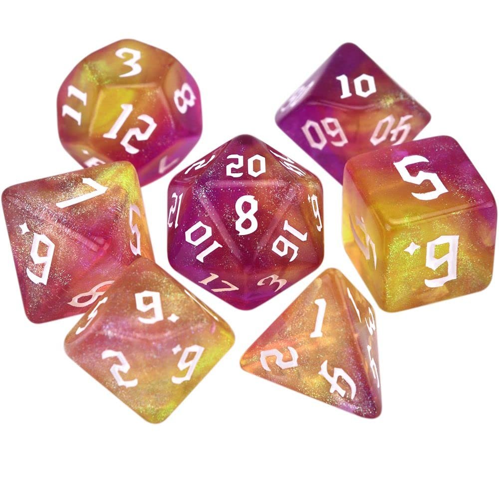 7-Die Two-Tone Dice Set Carved Pattern Dice Set Toy Gift Acrylic Polyhedral Dice Iridescent Glitter Polyhedral(Zijin)