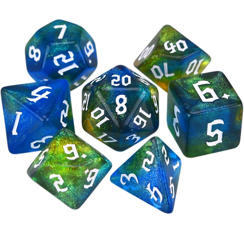 7-Die Two-Tone Dice Set Carved Pattern Dice Set Toy Gift Acrylic Polyhedral Dice Iridescent Glitter Polyhedral(Blue Gold)