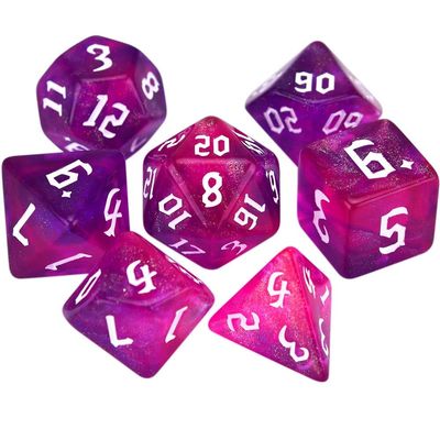 7-Die Two-Tone Dice Set Carved Pattern Dice Set Toy Gift Acrylic Polyhedral Dice Iridescent Glitter Polyhedral(Rose + Purple)