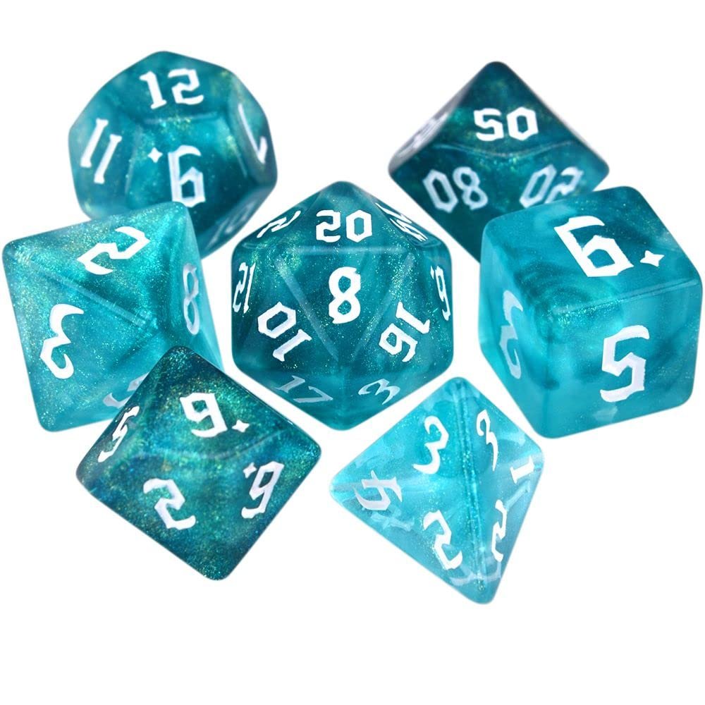 7-Die Two-Tone Dice Set Carved Pattern Dice Set Toy Gift Acrylic Polyhedral Dice Iridescent Glitter Polyhedral(Green + Milk White)