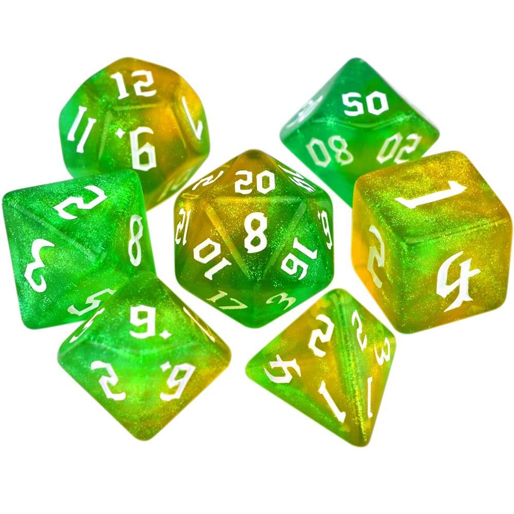 7-Die Two-Tone Dice Set Carved Pattern Dice Set Toy Gift Acrylic Polyhedral Dice Iridescent Glitter Polyhedral(Yellow-Green)