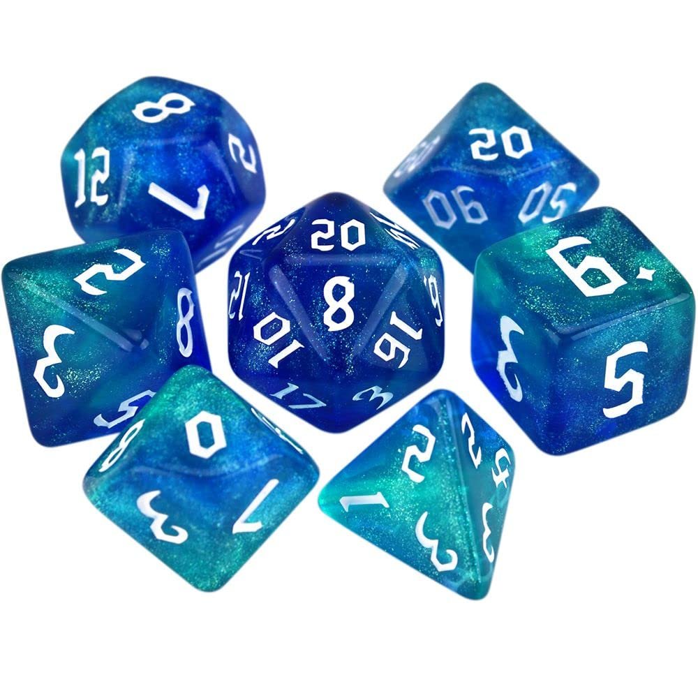 7-Die Two-Tone Dice Set Carved Pattern Dice Set Toy Gift Acrylic Polyhedral Dice Iridescent Glitter Polyhedral(Aqua+Blue)